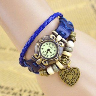 Giant Heart Charm Blue Color Women Ladies Weave Leather Belt Bracelet Watch: Watches