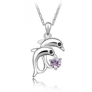 Elegant Light Purple Crystal Twin Dolphins Pendant Necklace 588: Jewelry