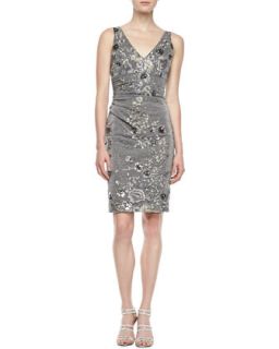 Womens Sleeveless Floral Embroidered Cocktail Dress, Gray   David Meister
