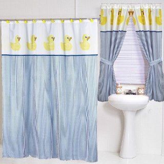 Yellow Duck Ducky Themed Fabric Shower Curtain Blue Yellow Striped Cute Brand New 70"W X 72" L : Everything Else