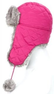 Satsumauk Women's Ladies warm winter Quilted Nylon Trapper Hat with faux fur trim and pom poms Fuchsia: Clothing