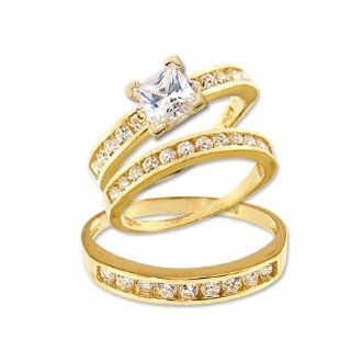 14k Yellow Gold, Trio Three Piece Wedding Ring Set Princess Lab Created Gems: Jewelry