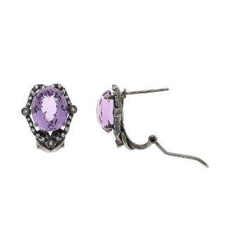 8.12CTW 14K White Gold Black Rhodium Genuine Natural Amethyst and Diamond French Clip Earrings: Jewelry