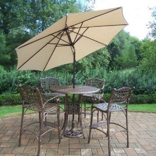 Oakland Living Elite Cast Aluminum 5 Piece Bar Set with 42 Inch Table and 9 Feet Beige Tilting Umbrella and Stand : Outdoor And Patio Furniture Sets : Patio, Lawn & Garden