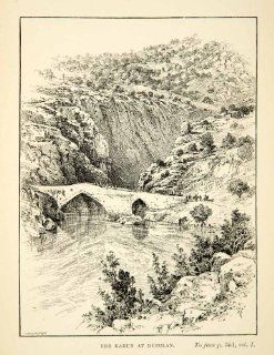 1891 Print Kuran Dupulan Mountain Bridge Landscape River Trees Pointed Arch Rock   Relief Line block Print  