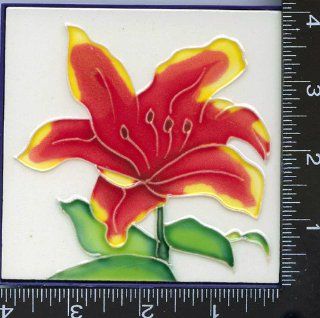 3, Decorative Tiles, RED FLOWER, TILES, about, 4" X 4" X .25", 10cmX10cm., HAND PAINTED, TILE, : Everything Else