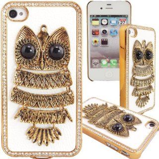 WwWSuppliers 3D Case for Apple iPhone 4 4G 4S White PU Leather & Gold Trim Bling Rhinestones Hard Cover + Front/Back Screen Protectors: Cell Phones & Accessories
