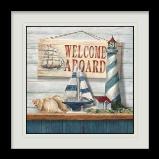 "Welcome Aboard" Beach Boat Shell Lighthouse Cabin Ship 16" x 16" inches Framed Canvas Art Gallery Wrap Painting NVMDF 630 [Casa Bonita Decor]   Oil Paintings