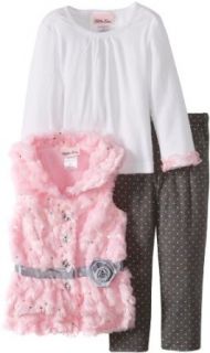 Little Lass Girls 2 6X 3 Piece Satin Rosette Faux Fur Vest Set: Clothing