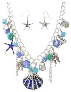 Blue Starfish Sea Shell Crab Rhinestone Silver Tone Fashion Jewelry Statement Necklace & Earrings: Jewelry