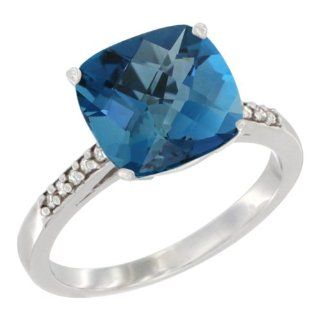 14K White Gold Natural London Blue Topaz Ring 9 mm Cushion cut Diamond accent, sizes 5   10: Jewelry