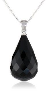 Sterling Silver Box Chain Faceted Black Onyx Teardrop Pendant Necklace , 18": Jewelry