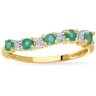 14K Yellow Gold Precious Emerald and Diamond Curved Band Ring: Jewelry