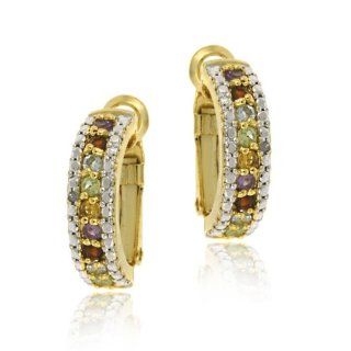 Gold Tone over Sterling Silver Multi Color Gemstone & Diamond Half Hoop Earrings: Jewelry
