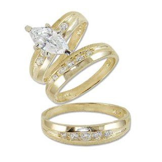 14k Yellow Gold, Trio Three Piece Wedding Ring Set Marquise Lab Created Gems: Jewelry