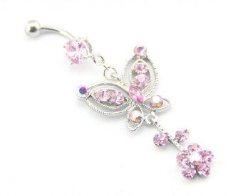 Baqi Pink Butterfly With Flower Dangling Pink Crystals Belly Navel Ring Barbell 14G Pink: Jewelry