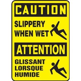 Accuform Signs FBMSTF674VP Plastic French Bilingual Sign, Legend "CAUTION SLIPPERY WHEN WET/ATTENTION GLISSANT LORSQUE HUMIDE" with Graphic, 10" Width x 14" Length, Black on Yellow: Industrial Warning Signs: Industrial & Scientific