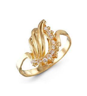 Womens 14k Yellow Gold White CZ Wave Swirl Fashion Ring: Jewelry