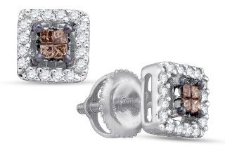 14K White Gold Princess Cut Chocolate Brown and White Diamond   Square Princess Shape Halo Invisible & Channel Set Studs Earrings with Secure Screw Back Closure   (.30 cttw.): Jewelry