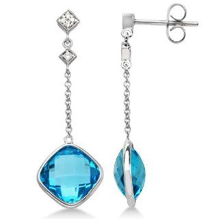Dangle Drop Diamond and Swiss Blue Topaz Earrings Cushion Cut 14k White Gold (10.05ct) Allurez Jewelry