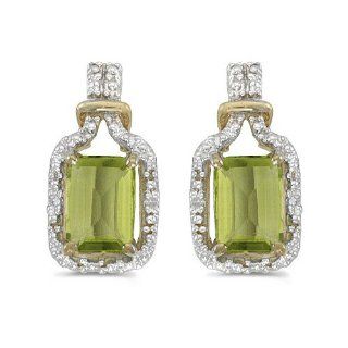 14k Yellow Gold Emerald cut Peridot And Diamond Earrings: Stud Earrings: Jewelry