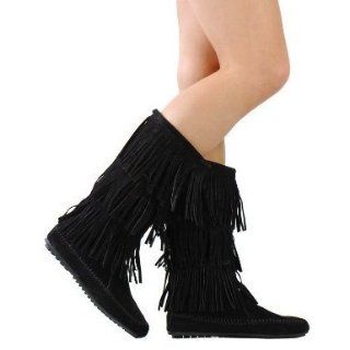 Women's Cherokee Black Faux Suede Moccasin Fringe Mid Calf Boots (6): Shoes