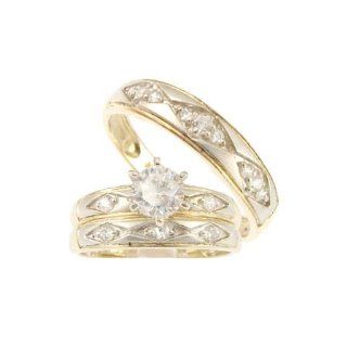 14k Yellow Gold, Trio Three Piece Wedding Ring Set with Lab Created Gems: Jewelry