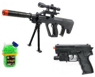 Mini Unseen AUG 688 Spring Airsoft Gun Rifle FPS 250 w/ Bi Pod + Airsoft Pistol w/ Aiming Sight, Flashlight 180 FPS + 1000 BB's Holster Container Clip ON (Colors May Vary)  Airsoft Tacticle Aug  Sports & Outdoors
