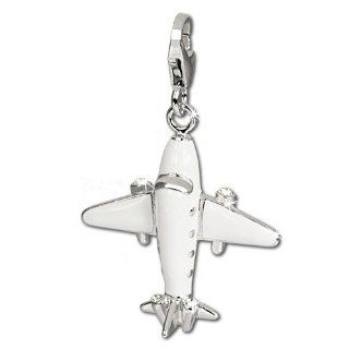 SilberDream Charm white enameled plane with white Zirconia, 925 Sterling Silver Charms Pendant with Lobster Clasp for Charms Bracelet, Necklace or Earring FC668: Clasp Style Charms: Jewelry