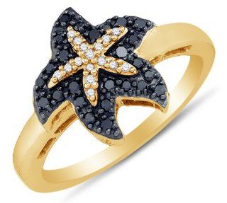 10K Yellow Gold Prong Set Starfish Round Brilliant Cut Black and White Diamond Ladies Womens Fashion, Wedding Ring OR Anniversary Band (1/5 cttw.): Jewelry