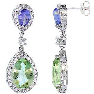 14K White Gold Natural Green Amethyst and Tanzanite Tear Drop Earrings White Sapphire and Diamond Accents, 1 3/8 inches long: Jewelry