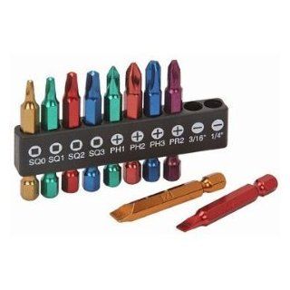 "ABC Products"   10 Piece ~ 1/4" Hex Screwdriver   Bit Set   2 Inches Long   Assorted Sizes (Bit Sizes: [4] Square: 0, 1, 2, and 3; [3] Phillips: #1, #2, and #3; [1] Pozi #2; [2] Slotted 3/16" and 1/4"   Color Coded   For Easy Find