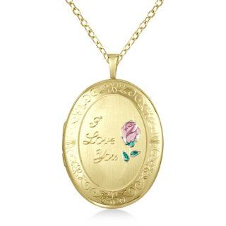 Oval Shaped Locket Style Pendant Necklace W/ I Love You Engraving For Women 14K Yellow Gold Vermeil: Jewelry