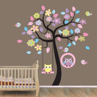 WallStickersUSA Wall Sticker Decal, Beautiful Tree with Hanging Owls Pink Flowers, X Large  Nursery Wall Stickers  Baby