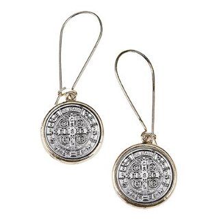Womens Religious, Catholic & Inspirational Medal of St. Benedict Upside Down Hoop Earrings •Features: * Antique Silver/antique Gold Plating * Medal of St. Benedict * Upside Down Hoop Earrings •Antique Silver Medals of St. Benedict Set in 