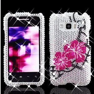 LG Optimus Elite LS696 LS 696 Cell Phone Full Crystals Diamonds Bling Protective Case Cover White with Hot Pink Two Hibiscus Floral Flowers Black Branches Design Cell Phones & Accessories