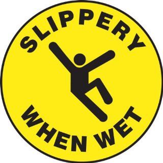 Accuform Signs MFS723 Slip Gard Adhesive Vinyl Round Floor Sign, Legend "SLIPPERY WHEN WET" with Graphic, 17" Diameter, Black on Yellow: Industrial Floor Warning Signs: Industrial & Scientific