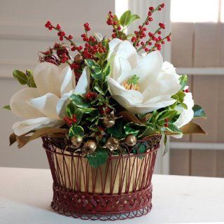 Holiday Classic Magnolia Basket Centerpiece 18"   Artificial Mixed Flower Arrangements