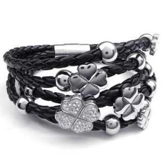 KONOV Jewelry Stainless Steel Clover Charms Braided Leather Womens Bracelet, Silver Black KONOV Jewelry Jewelry