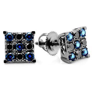 1.00 Carat (ctw) 10k White Gold Round Black Diamond & Blue Sapphire Men's Square Shaped Stud Earrings 1 CT: Jewelry