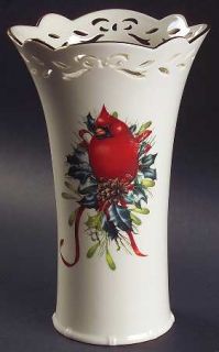 Lenox China Winter Greetings 9 Pierced Vase, Fine China Dinnerware   Red Ribbon