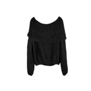 Women Boat Neck Loose Pullover Sweater 5 Colors Choose (Black)