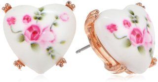 Betsey Johnson "Vintage Bows" Floral Printed Heart Stud Earrings: Jewelry