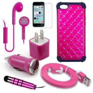 Apple iPhone 5C Pink Diamond Stud Dual Layer Rugged Case, USB Car Charger Plug, USB Home Charger Plug, USB 2.0 Data Cable, Metallic Stylus Pen, Stereo Headset & Screen Protector (7 Items) Retail Value: $89.95: Cell Phones & Accessories