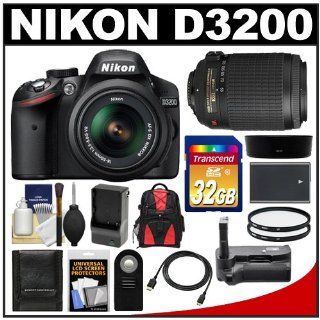 Nikon D3200 Digital SLR Camera & 18 55mm G VR DX AF S Zoom Lens (Black) with 55 200mm VR Lens + 32GB Card + Case + Battery & Charger + Grip + HDMI Cable + Filters Kit : Camera & Photo
