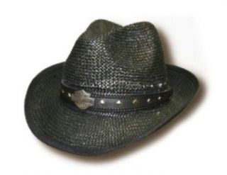 Harley Davidson Men's Cowboy Western Straw Hat. Black Leather Band. Bar & Shield. H D Part# HD 734: Clothing