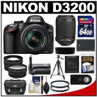 Nikon D3200 Digital SLR Camera & 18 55mm G VR DX AF S Zoom Lens (Black) with 55 200mm VR Lens + 64GB Card + Case + Battery + Grip + Tripod + Lens Set + Filters Kit  Camera & Photo