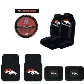 A Set of 2 Universal Fit NFL Rubber Floor Mats, 2 Vinyl Utility Mats, 2 Front Universal Fit Bucket Style Seat Covers, and a Comfort Grip Steering Wheel Cover   Denver Broncos: Automotive