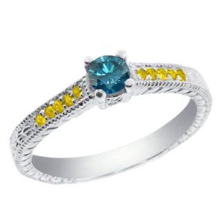0.36 Ct Round Blue Diamond Yellow Citrine 925 Sterling Silver Engagement Ring: Jewelry