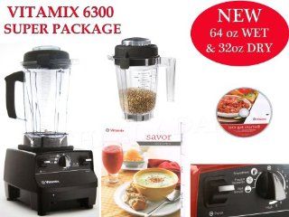 Vitamix 6300 Super Package with 64oz & 32oz Dry Containers, Featuring 3 Pre Programmed Settings, Variable Speed Control, and Pulse Function. Includes Savor Recipes Book, DVD and Spatula. 7 Year Full Warranty. (BLACK): Kitchen & Dining